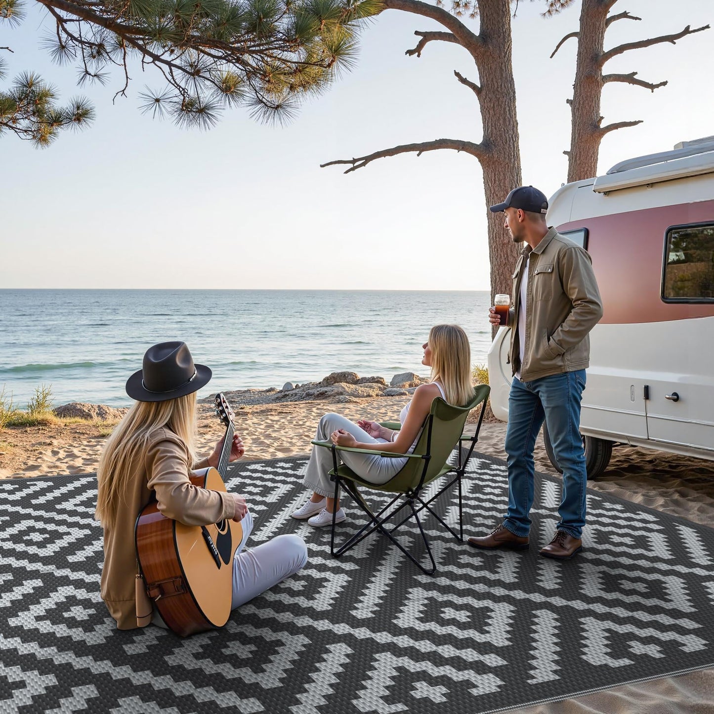 GENIMO Outdoor Rugs 8'x10' Waterproof, Reversible Mats, Area Plastic Straw Rug, Outside Carpet, Geometric Rv Mat for Patio Camping Rv Picnic Backyard Deck Balcony Porch Beach Trailer (Black & Grey)