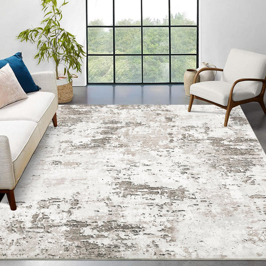 ROYHOME 9x12 Modern Abstract Accent Rug Non Slip Stain Resistant Throw Rug Low Pile Machine Washable Indoor Floor Cover for Living Room Bedroom Office Home Decor, Taupe/Beige