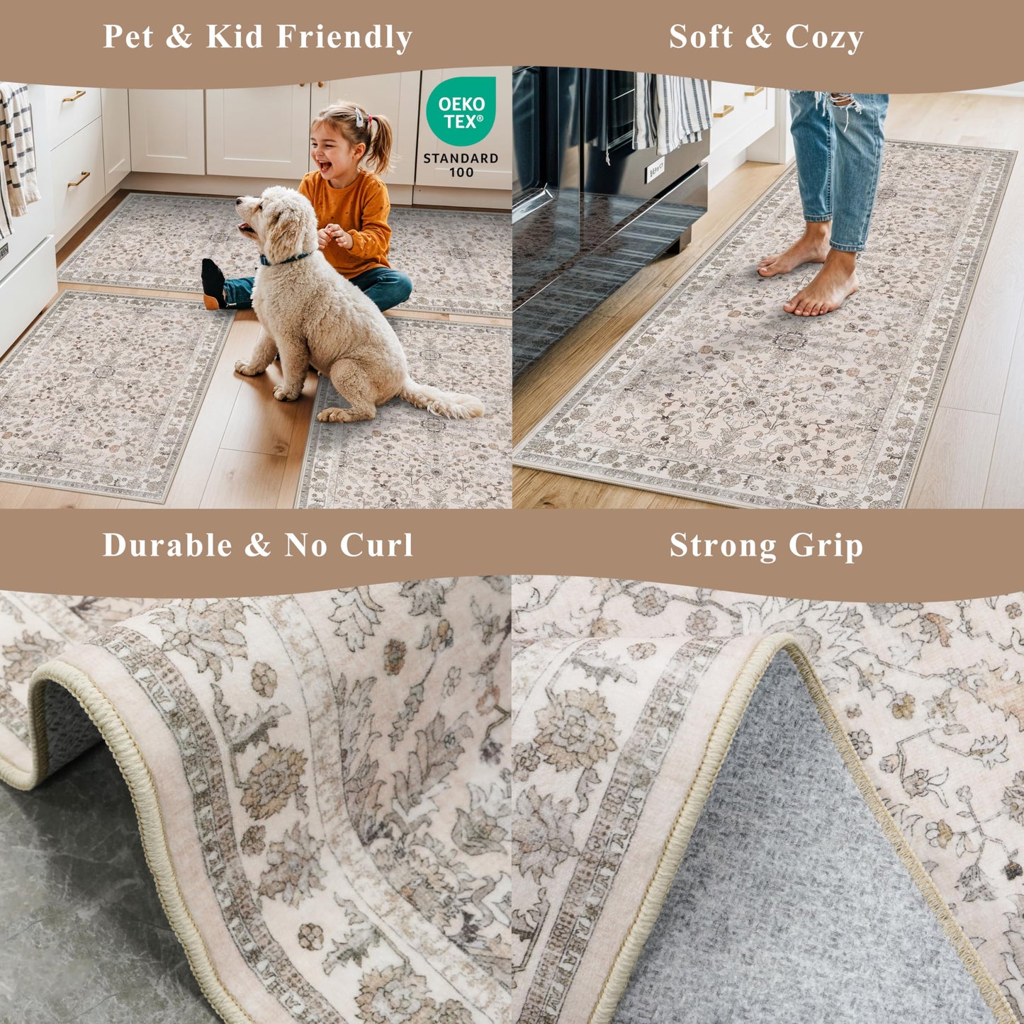 2x6 Washable Kitchen Runner Rug – Boho Vintage Non-Slip Carpet Runner for Hallway, Entryway, Bedroom & Bathroom – Soft Low-Pile Thin Area Rug with Rubber Backing (Beige,2x6)
