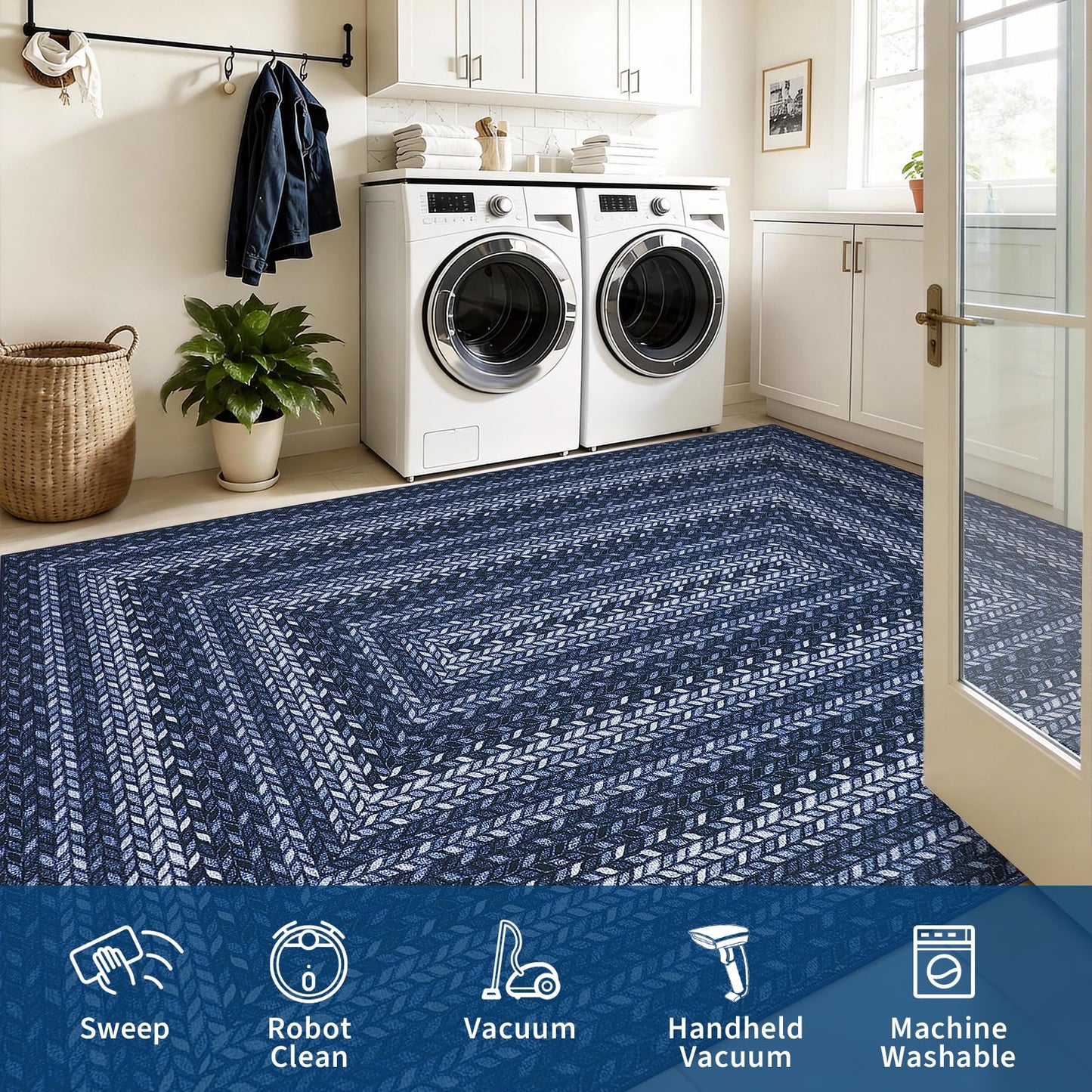 Braided 5x7 Rugs for Living Room Washable Easy Jute Outdoor Patio Rug Non Slip Stain Resistant Modern Bordered Bedroom Throw Carpet Indoor Outdoor Low Pile Area Rugs for Porch Kitchen, Slate/Blue