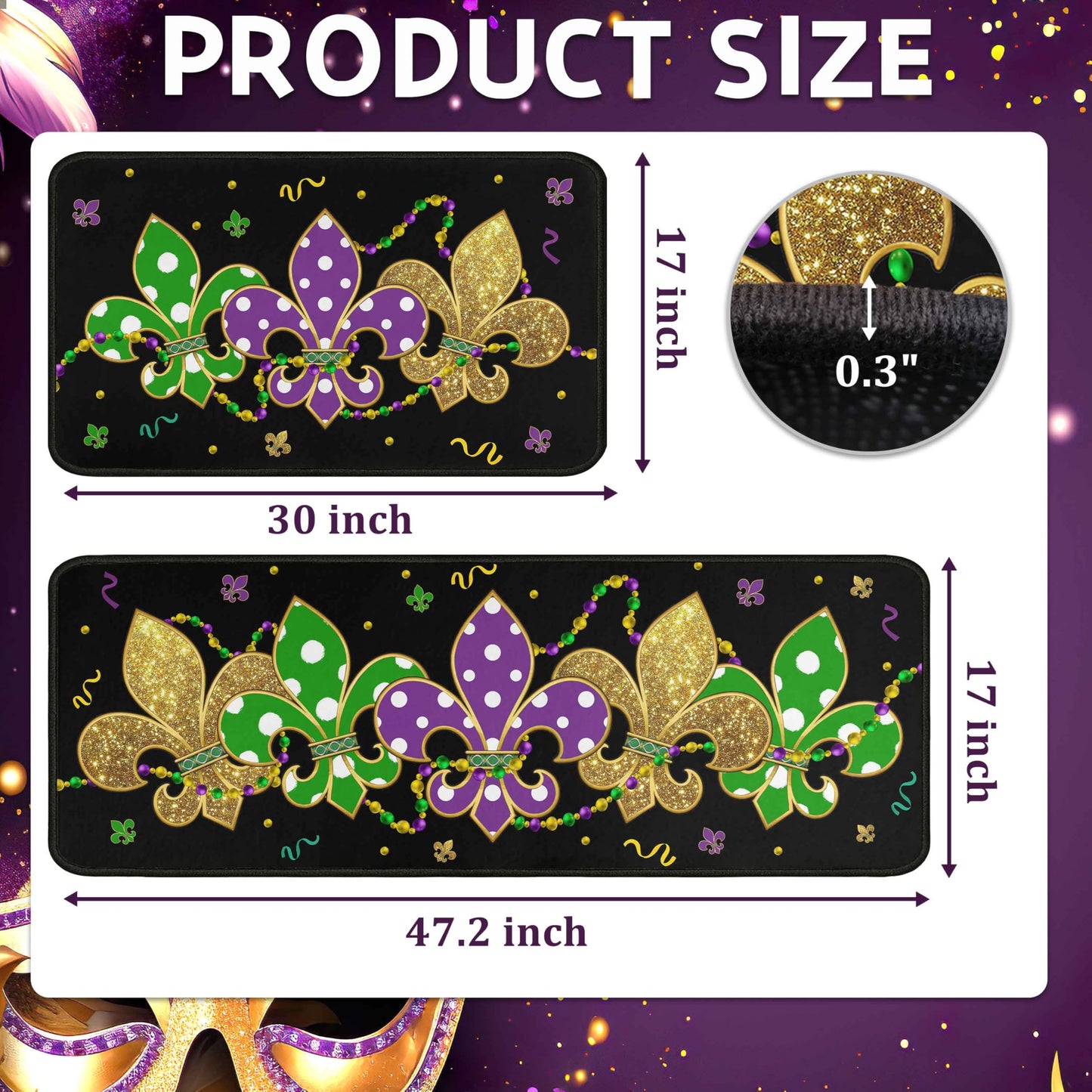 Lumiprinta Mardi Gras Kitchen Rug Set of 2, Carnival Absorbent Washable Non-Slip Comfort Standing Floor Mat for Kitchen Bathroom Living Room Sink Laundry