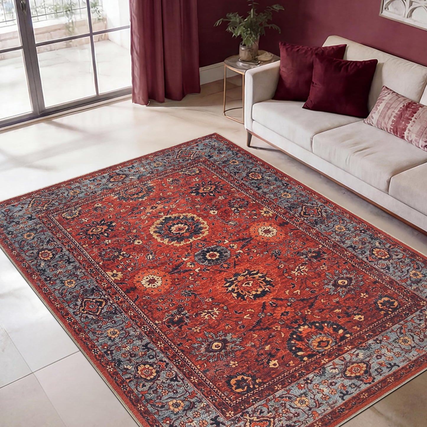 Keen Home Design 5x7 Rug - Machine Washable Area Rug with Non-Slip Backing, Ideal for Living Room, Dining Room, Bedroom - Vintage, Easy Clean, Durable, Low Pile Rug - (5' x 7')