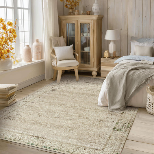 BILEEHOME Modern Farmhouse Area Rug 5 x7 Washable Floral Earth Tone Neutral Boho Nursery Rug 5x7 for Baby Boy Bedroom,Tan Brown and Cream Beige