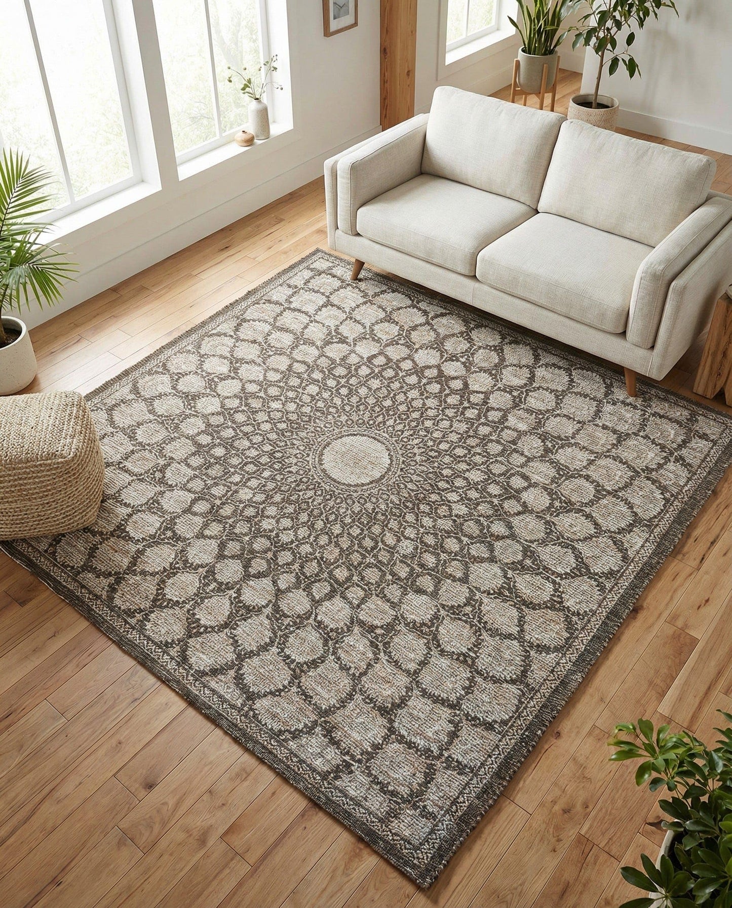 Rugs.com Chenille Jute Collection Rug – 8 Ft Square Charcoal and Ivory Medium-Pile Rug Perfect for Living Rooms, Kitchens, Entryways