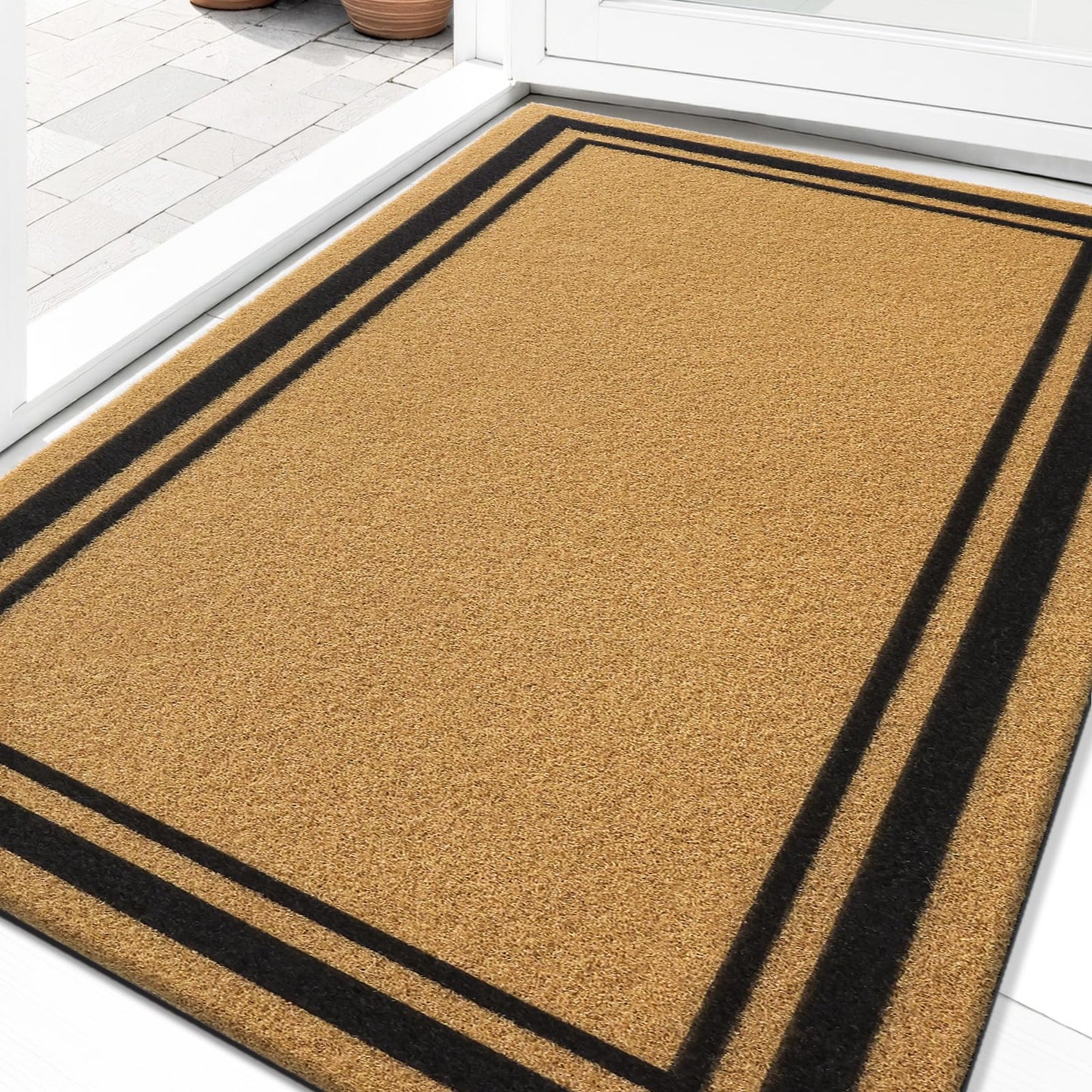 OLANLY Front Door Mat, Low Profile Doormat, Stain and Fade Resistant, Easy to Clean, for Indoor and Outdoor Entrances, Patio Porch or Entryway, Brown (30x17 Inch, Classic Border)