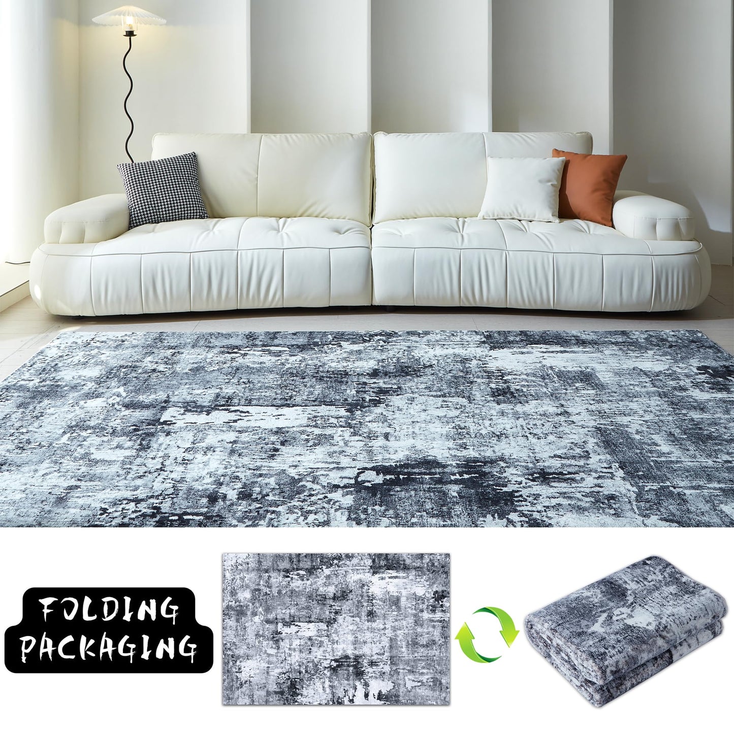 Rugcomf Area Rug 5x7 Washable Rug Boho Soft Abstract Pattern Non-Slip Faux Wool Vintage for Living Room, Bedroom, Farmhouse, Dining Room, Kids Playroom, Grey and Black