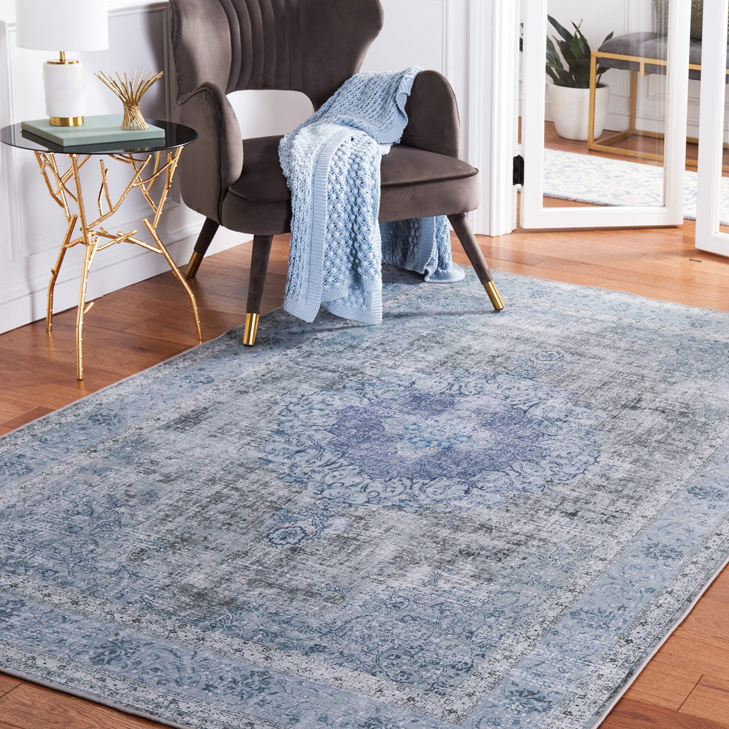 SAFAVIEH Washable Rug Tucson Collection - 5' x 8', Green & Green, Slip Resistant & Easy to Clean, Ideal for Living Room, Bedroom, Dining Space (TSN190X)