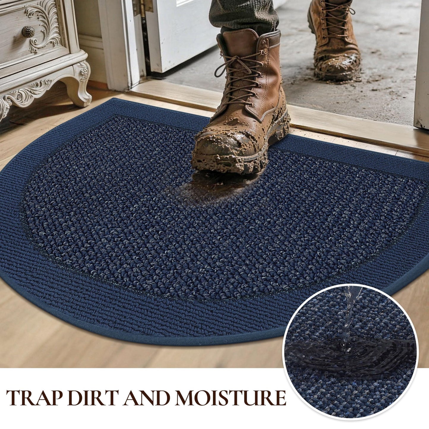 FLOORHUG Dirt Trapper Door Mats 17"x30", Half Circle Entryway Rugs Non-Slip Washable, Dirt Resist and Absorbent Doormat Low Profile Entrance Mat Floor Mats for Front Back Door, Blue