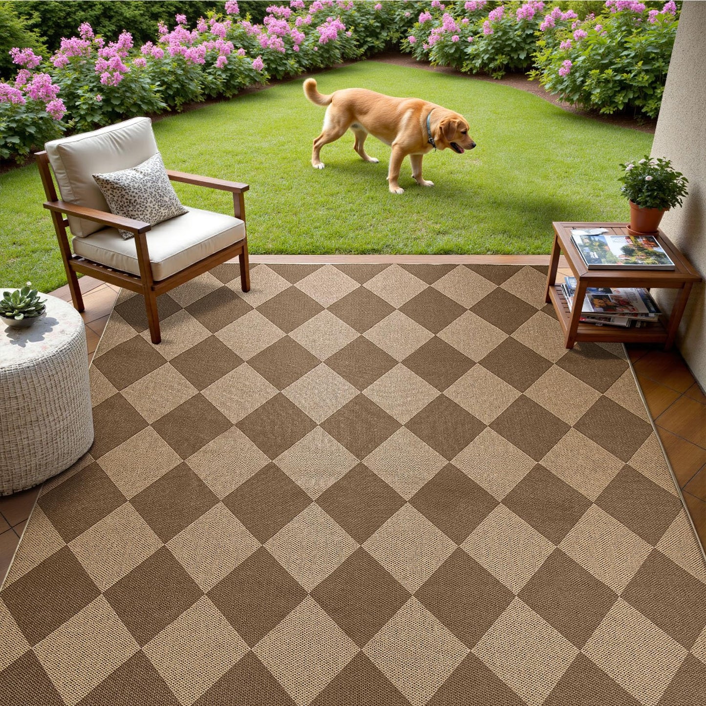 EDIMENS Checkered Easy Jute Area Rugs, 5x7 Outdoor Patio Rug for Entryway Indoor Outdoor Living Room Carpet, Brown Washable Non Slip Diamond Farmhouse Carpet for Backyard Front Porch Patio Balcony
