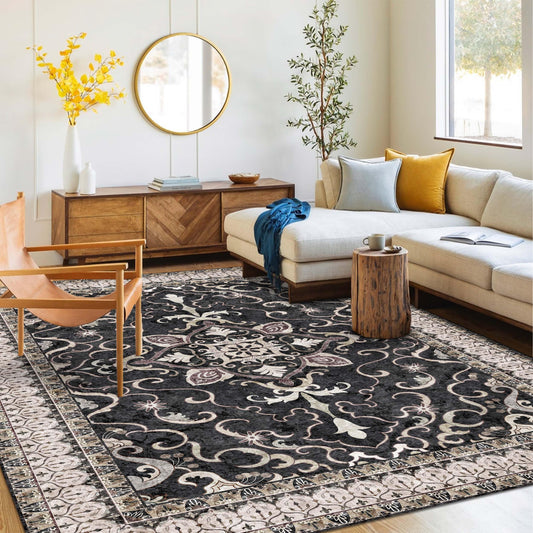 Washable Area Rug 5x8 | Non Slip Area Rug for Living Room, Bedrooms, Dining Room | Ultra-Soft Flannel Carpet Area with Rubber Backing (Black Cream, 5x8)