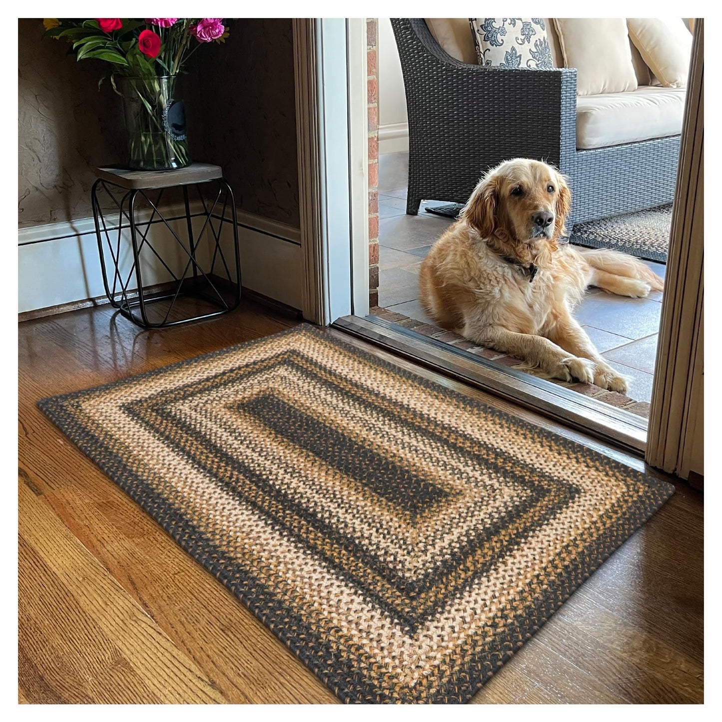 Kilimanjaro Jute Braided Rug 27x45 Black & Tan – Country Primitive Braided Rugs for Entryway, Kitchen & Bedroom – Durable, Reversible & No-Shed Braided Kitchen Rugs