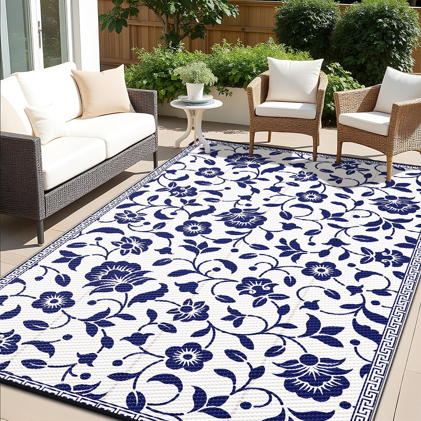 OLANLY Waterproof Outdoor Rug 9x12 ft, Outdoor Plastic Straw Rug with Flower Pattern, Reversible RV Mat for Patio, Camping, Balcony, Deck, Backyard, Navy & White