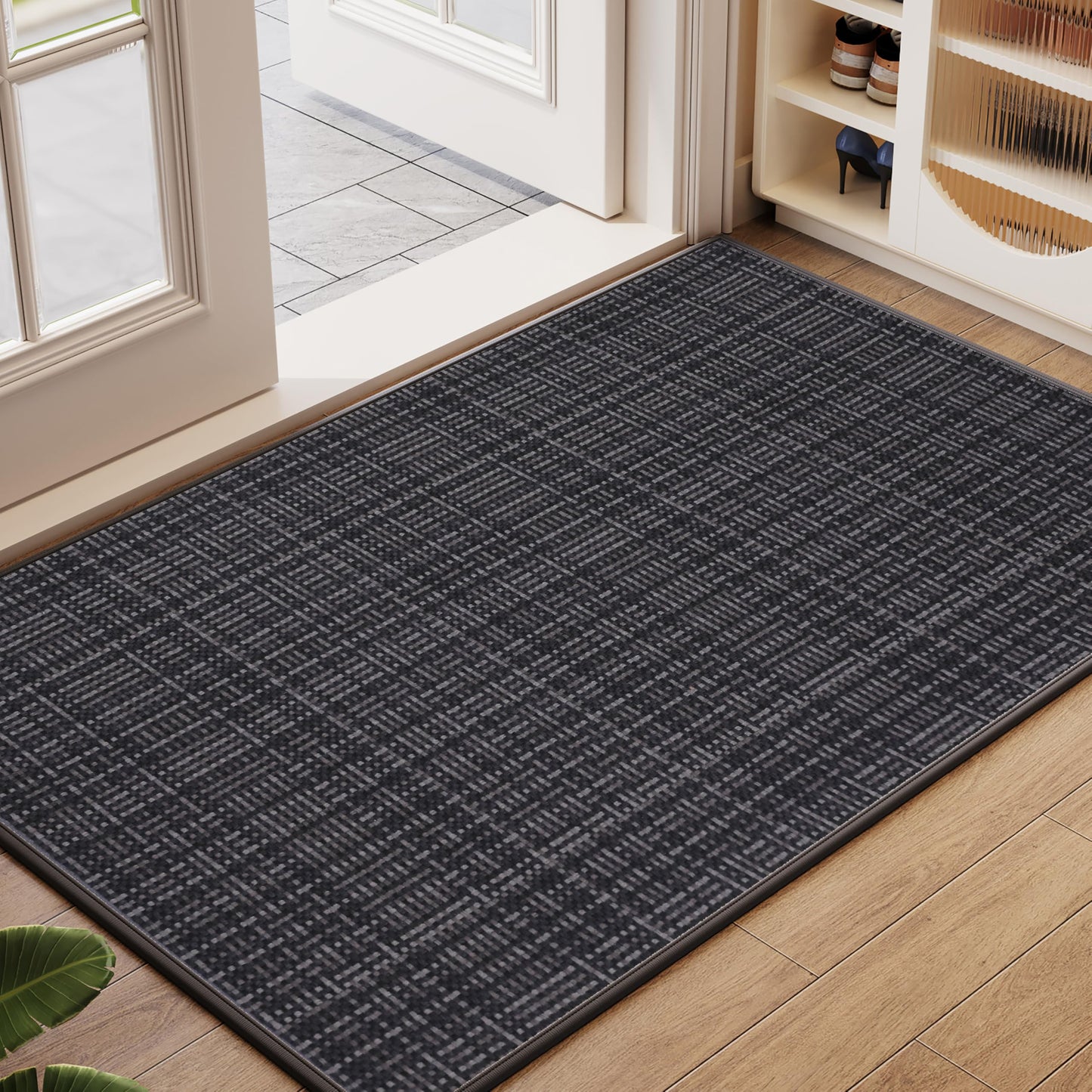 Indoor Front Door Mat Entry Mat 24"x36", Braided Low-Profile Welcome Door Mat Indoor Entrance, Non Slip Rubber Back Inside Entryway Doormat Washable Dirt Resistant & Absorbent, Black/Dark Gray 2x3 ft