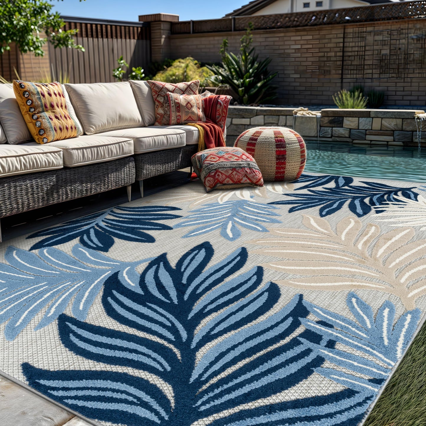 Rugshop Indoor/Outdoor High-Low Textured Area Rug, Botanical, Easy-Clean Patio Rug for Porch Deck Balcony 5' x 7' Dark Blue
