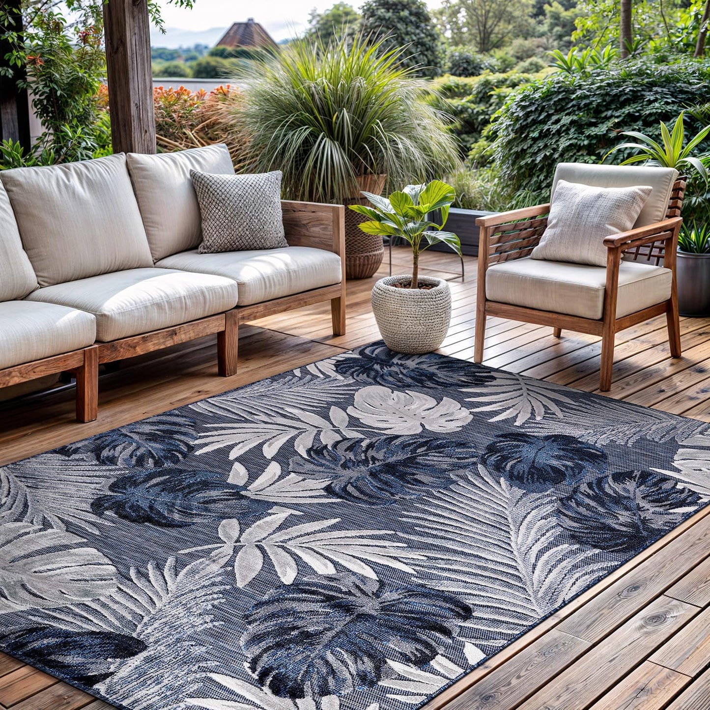 CAMILSON Indoor Outdoor Rug, Navy 7’10”x10’ Leaf Tropical Botanical Area Rugs for Indoor and Outdoor patios, Easy-Cleaning Non-Shedding Living Room, Garden and Kitchen Washable Outside Carpet (8x10)