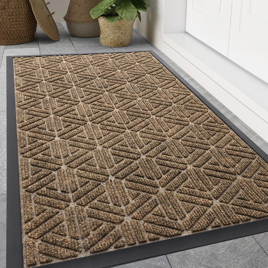 Smiry Front Door Mat Outside Entrance, Heavy Duty Sturdy Natural Rubber Doormat, Trap Dirt and Moisture, Easy Clean Low Profile Mats for Indoor Outdoor Entry, Grid Geometric (47x32, Brown)