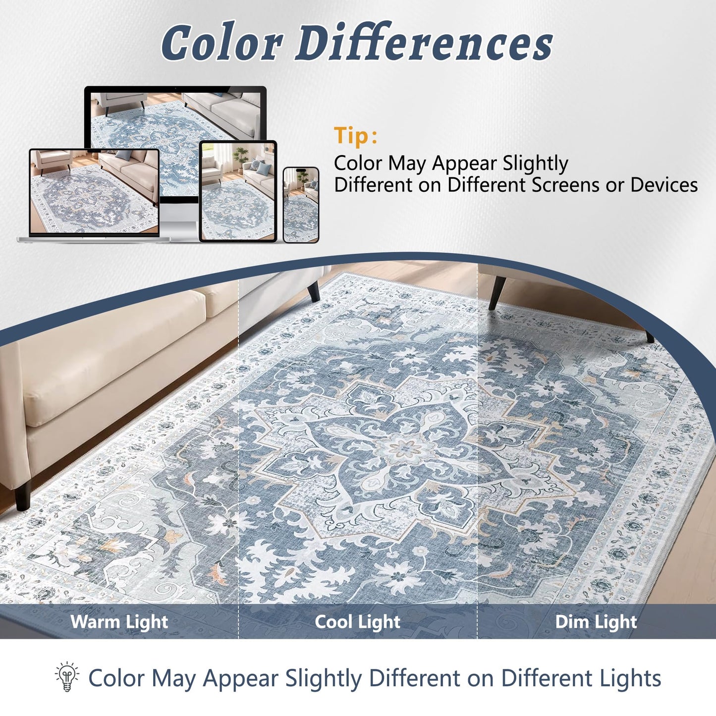 TTelephant 6x9 Area Rugs for Living Room, Soft Non-Slip Vintage Medallion Rug, Low-Pile Printed Washable Blue Gray Rug for Living Room, Bedroom, Dining Room, Nursery -Blue/Gray