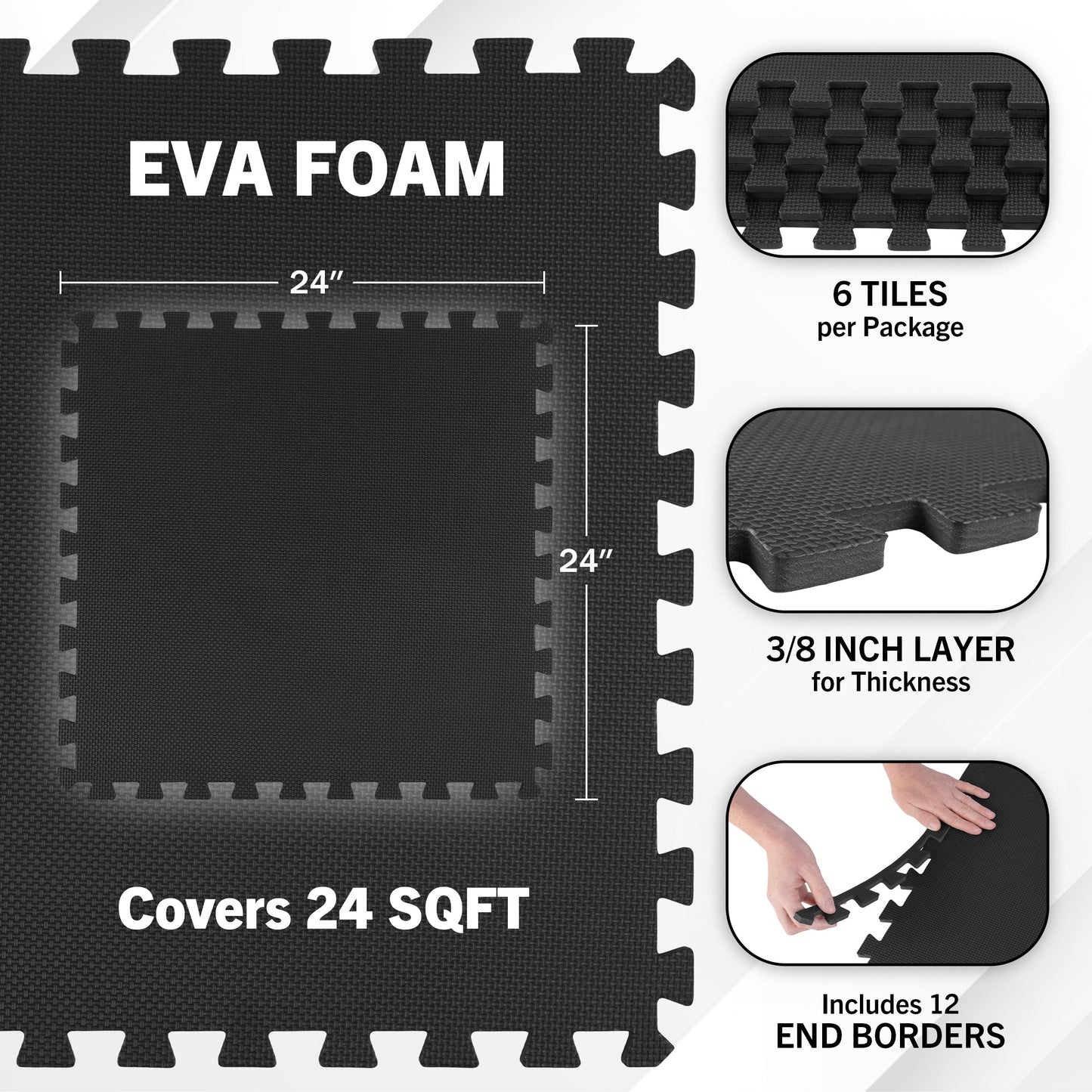 EVA Foam Mat Tiles 6-Pack - 24 SQ FT of Interlocking Padding for Garage, Playroom, or Gym Flooring - Exercise Mat or Baby Playmat by Stalwart (Black)