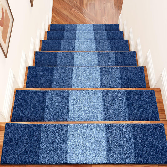 OLANLY Stair Treads Non Slip 15PCS, 8" x 30" Indoor Stair Runners for Wooden Steps, Edging Stair Rugs with Reusable Peel and Stick Adhesive for Kids Elders and Pets, Navy