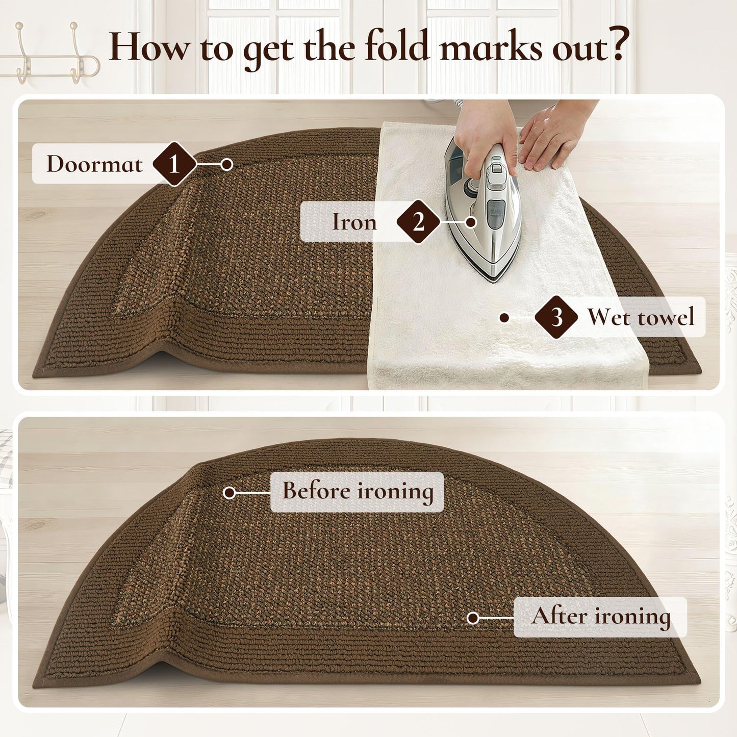 FLOORHUG Half Circle Door Mat Indoor Entrance Welcome, Non-Slip Washable Doormat, Trap Dirt and Moisture, Low Profile Mats for Indoor Entry, 24"x36", Brown