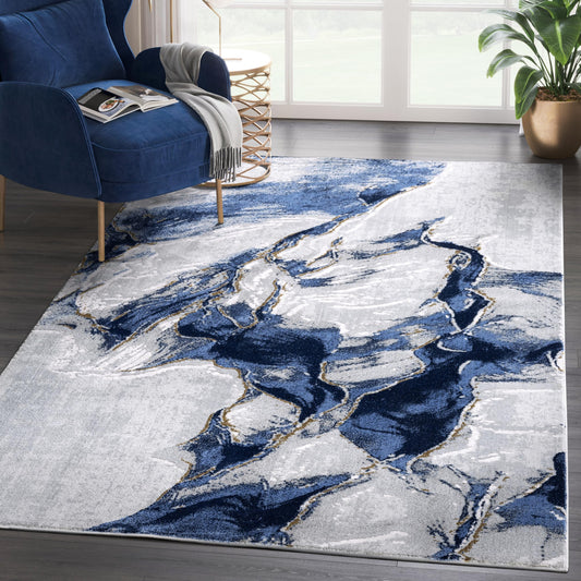Abani Regal Collection Area Rug - Abstract Grey Blue Design - Washable for Living Room, Bedroom & Office 5' x 8'