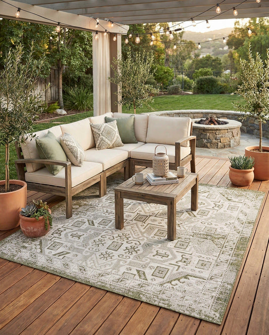 Rugs.com - Outdoor Aztec Rug – 8 Ft Square Green Indoor/Outdoor Rug – Washable Flatweave Area Rug for Patios, Decks, and Porches