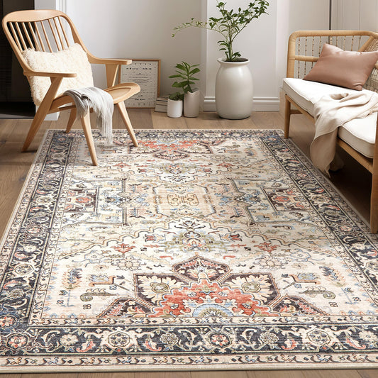 homewill Area Rug 5x7 for Living Room - Washable Oriental Vintage Floral Distressed Large Indoor Carpets with Non Slip Back for Bedroom Dining Room Nursery Office Home Decor -Multi