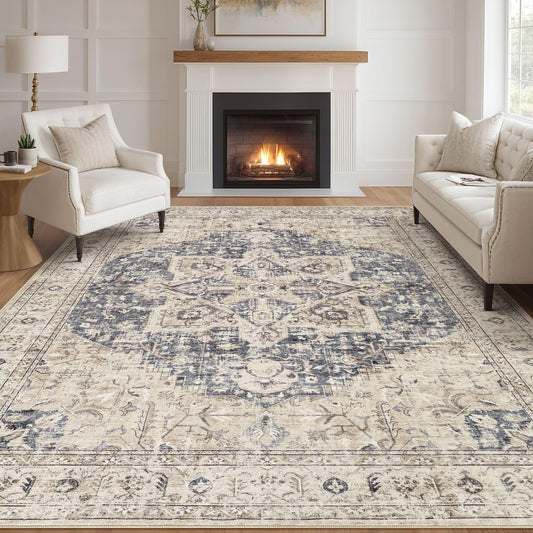 Tortania Area Rug Living Room Rugs - 10x12 Washable Boho Rug Vintage Oriental Distressed Farmhouse Large Thin Indoor Carpet for Living Room Bedroom Under Dining Table Home Office - Cream Blue