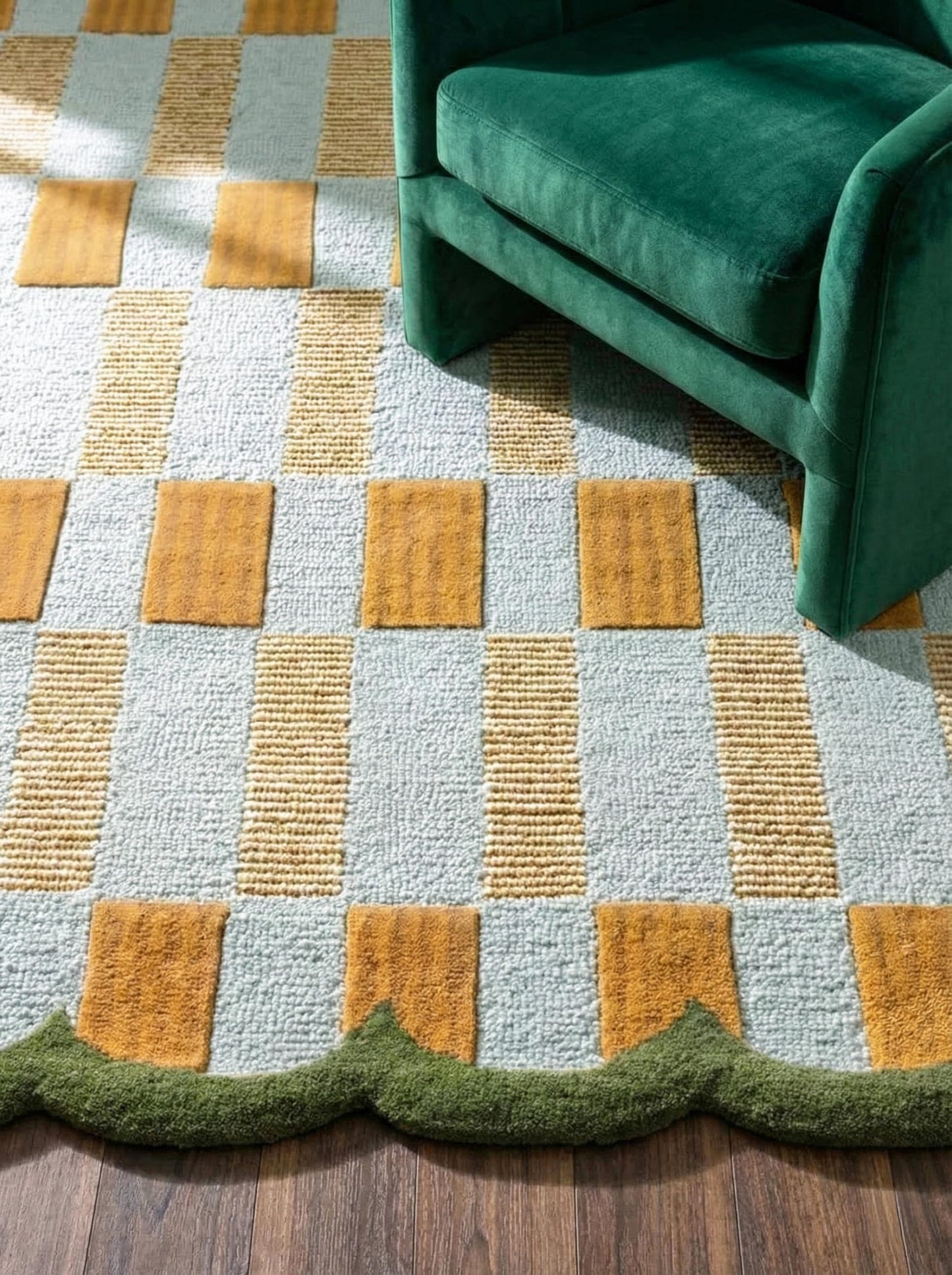 RUGWYN Hand-Tufted Scalloped Wool Area Rug, Modern Plaid Checkered Pattern, Soft & Durable Cozy Accent Rug for Living Room, Bedroom & Nursery, Handmade Decorative Carpet (Light Blue, 4' x 6')