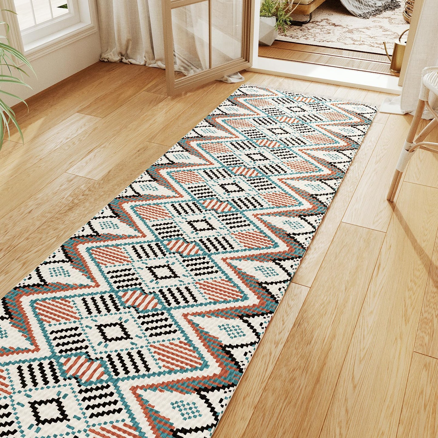 H.VERSAILTEX Handwoven 2x5 ft Boho Runner Rug with Tassels - Low Pile Easy Clean Washable Entryway Rug, Non-Slip Kitchen Runner for Hallway, Laundry Room, Corridor - Floor Mat(1 Pack,Orange/Blue)
