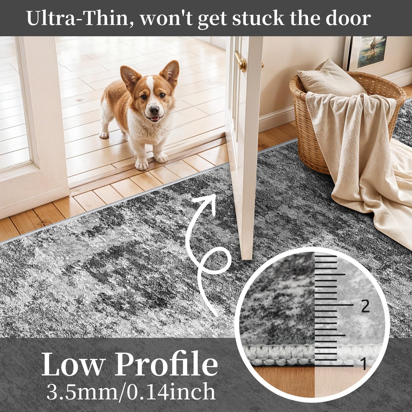 Washable Kitchen 2x10 Runner Rug: Non-Slip Low Pile Hallway Runner Modern Abstract 10ft Long Rugs for Entryway Living Room Soft Thin Stain Resistant Carpet for Bedroom Bathroom(Black/Grey/White, 2X10)