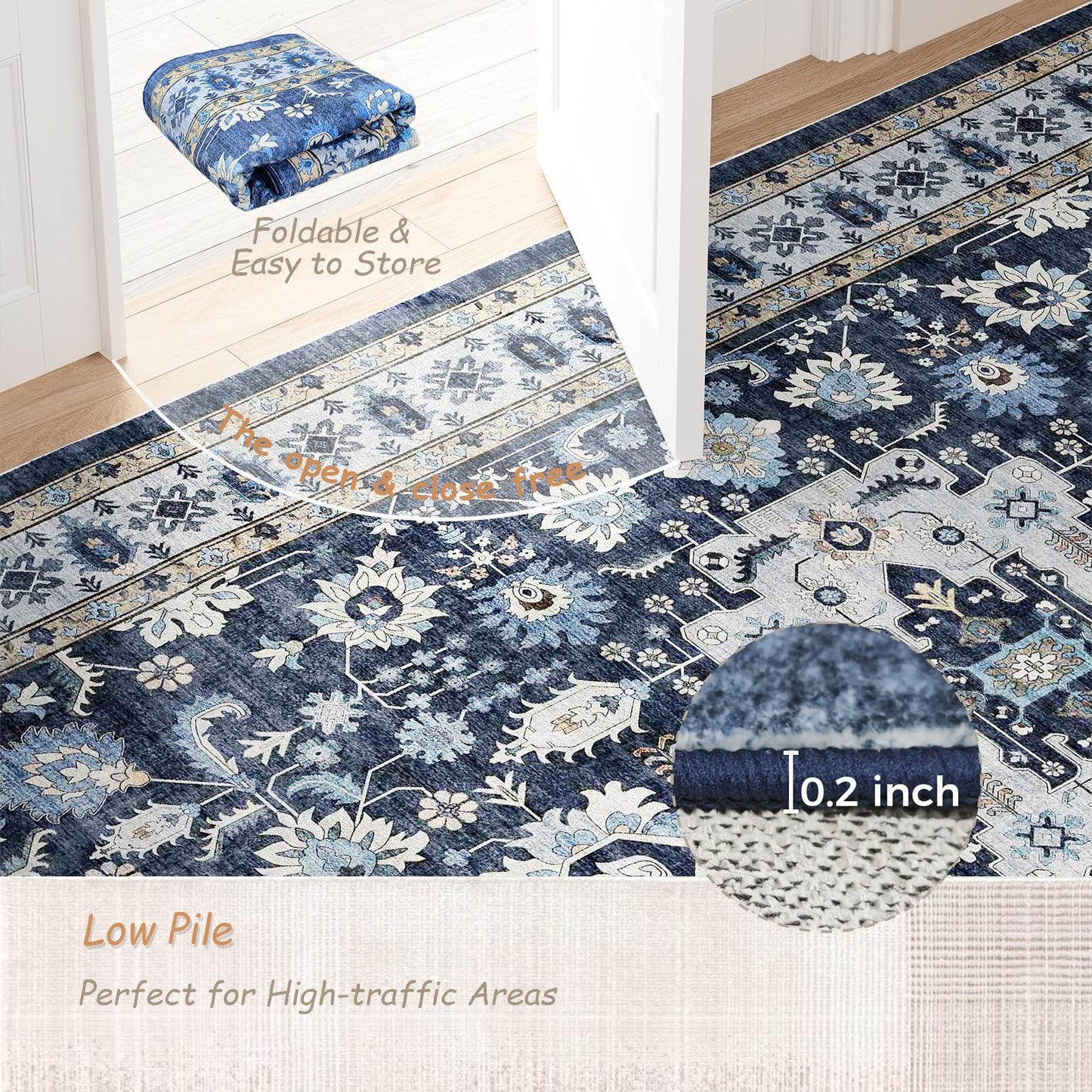 Trsury 8x10 Washable Living Room Area Rug, Boho Dark Blue Floral Medallion Low Pile Non-Slip Throw Rugs, Ultra Thin Foldable Carpet Under The Table for Bedroom,Dining Room,Playroom