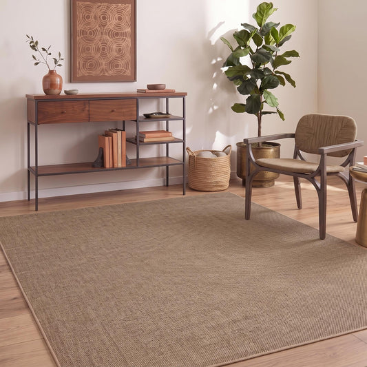 GarveeHome Easy Jute Rug 8x10 Washable Living Room Rugs Non Slip Stain Resistant Modern Neutral Dining Room Throw Carpets Solid Tan Contemporary Area Rugs for Kitchen Bedroom Nursery, Brown