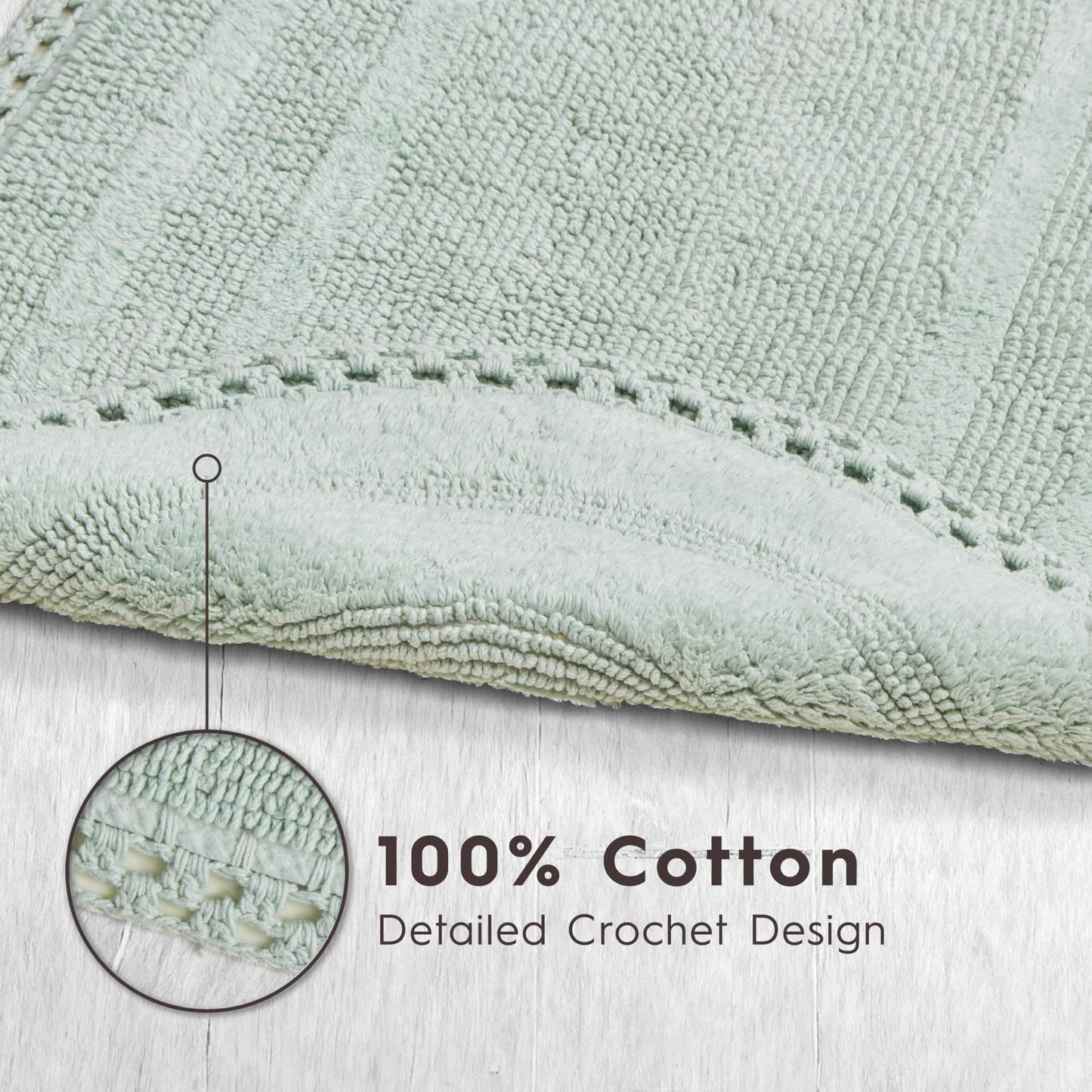 Laura Ashley Camilla 100% Cotton Oval Bath Mat with Crochet Border, Soft & Absorbent, Light Green 21" x 34" Bathroom Rug