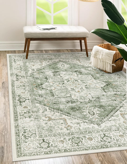 LIVEBOX Washable Area Rug 5x7 - Large Vintage Tribal Living Room Rug Vintage Non-Slip Indoor Rugs for Bedroom, Low-Pile Retro Carpet Print Distressed Accent Rugs for Nursery Entryway Office, Sage
