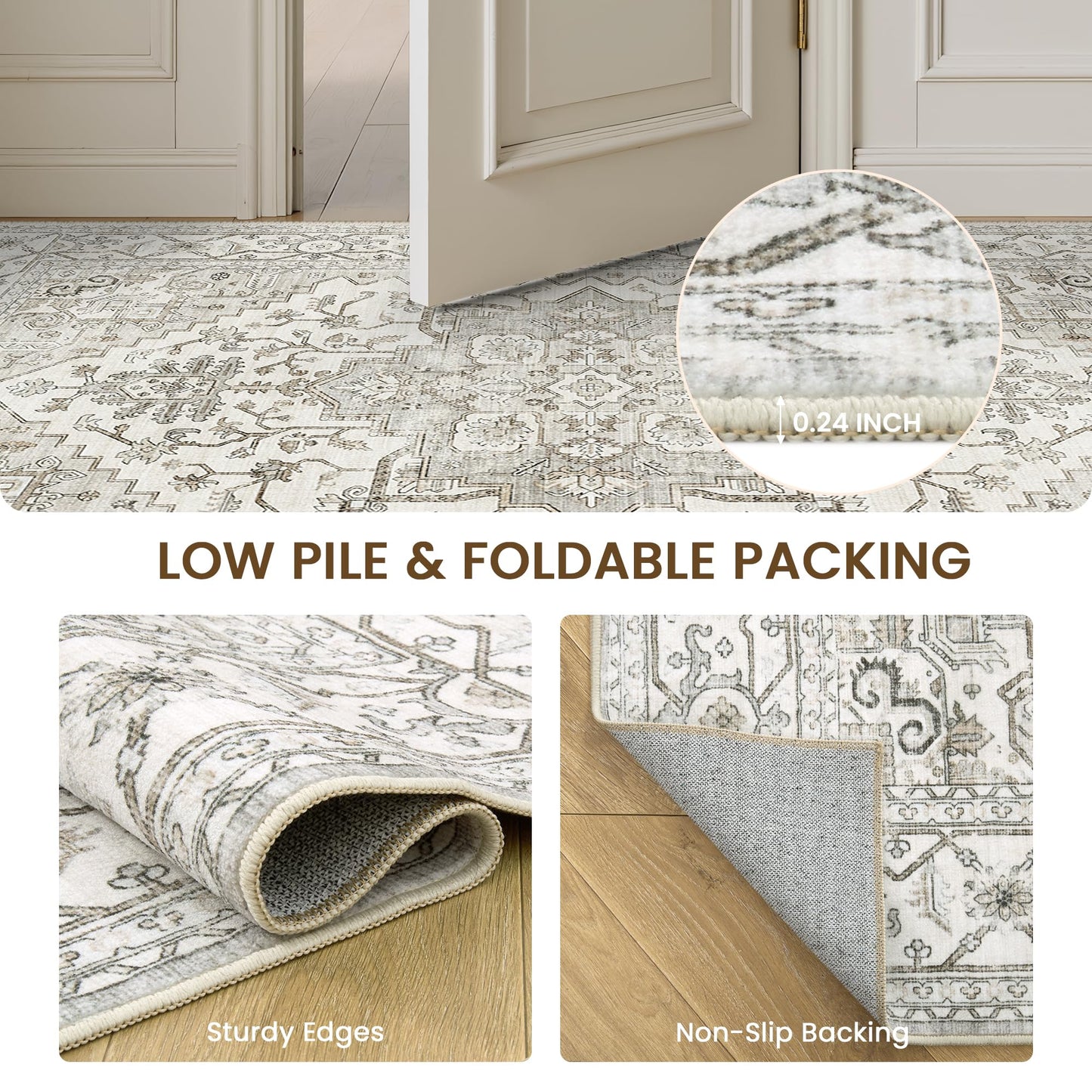 Area Rugs for Living Room - 9x12, Boho Non-Slip Low Pile Carpet Machine Washable Rugs for Bedroom, Farmhouse, Office, Dining Room (Beige)