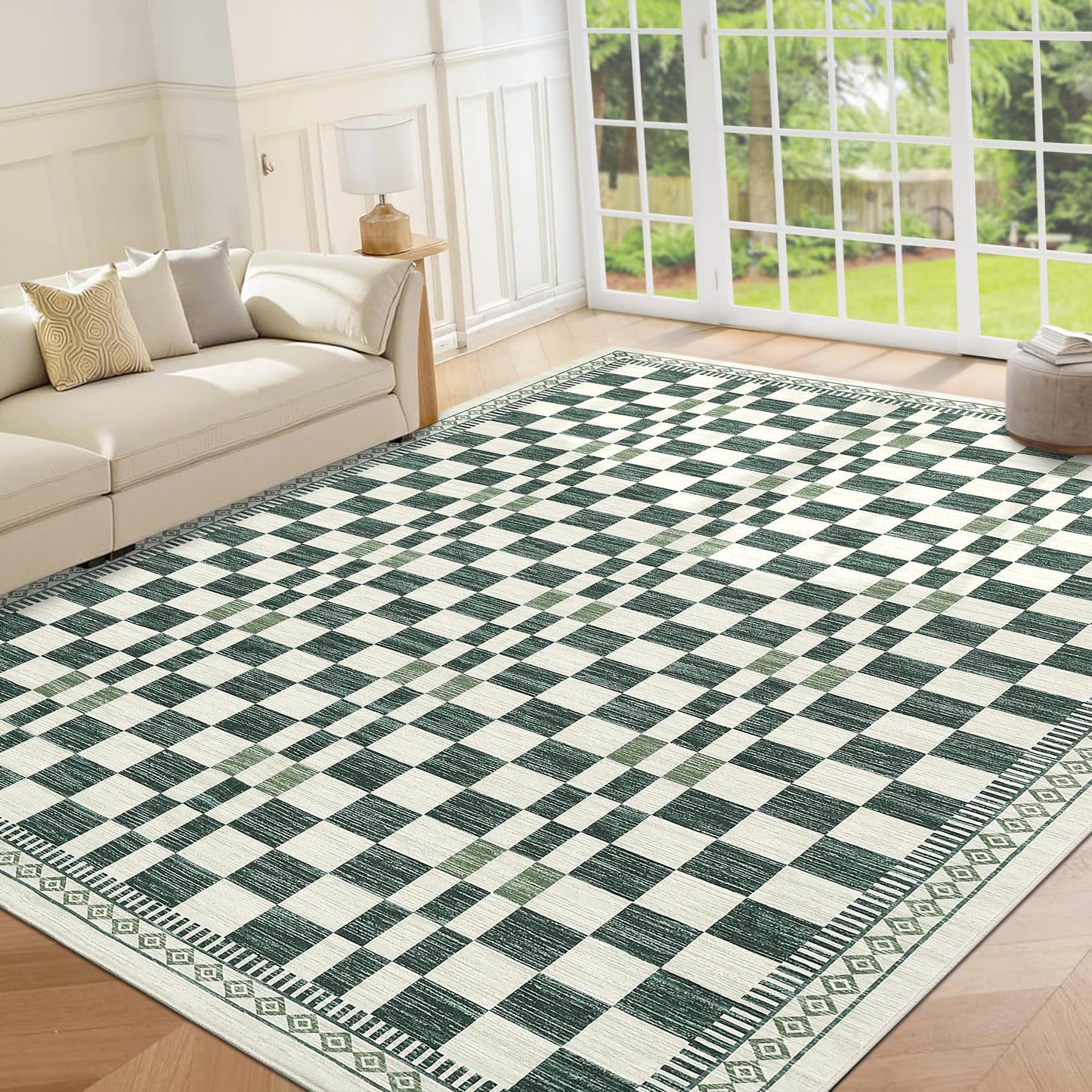 GarveeHome 5x7 Washable Rug for Living Room Contemporary Sage Green Geometric Floor Carpets Low Pile Non-Slip Nursery Room Carpet High Traffic Modern Abstract Checkered Area Rug for Bedroom