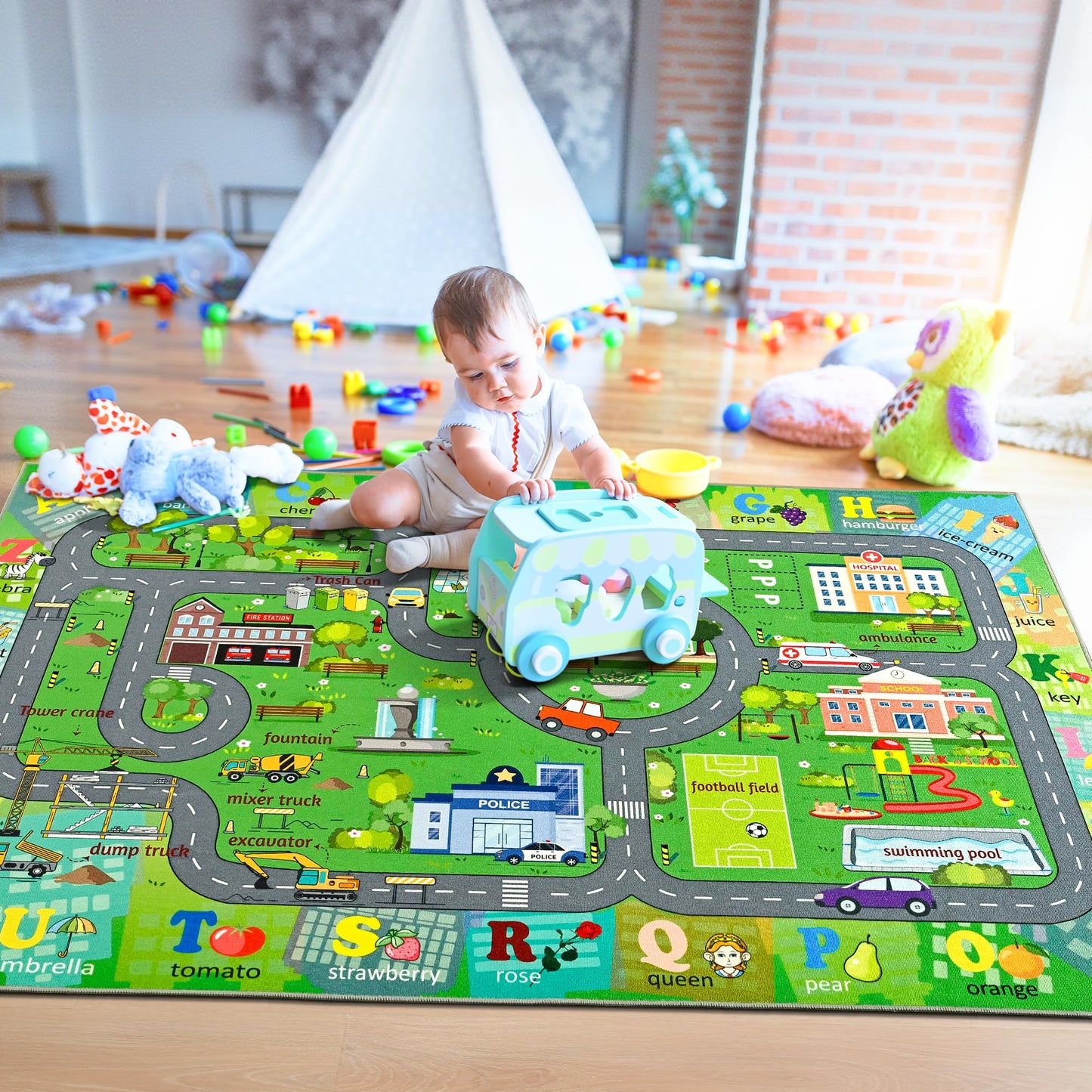 Chicrug 5x7 Car Road Area Rug for Kids Playroom Bedroom, Non Slip Low Pile Washable ABC Alphabet Carpet for Classroom, Track Play Mat for Toddler Children Nursery Baby Room Decor, Dark Green