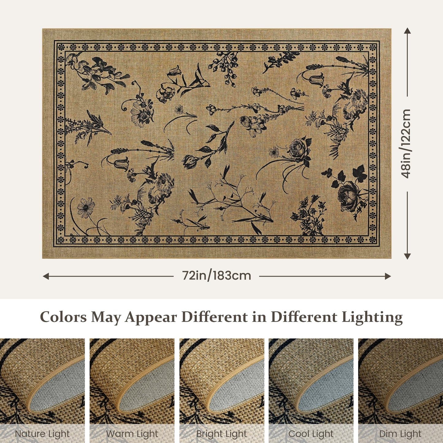 FALARK Easy Jute 4x6 Outdoor Patio Rug, Washable Rugs for Entryway Indoor Living Room Carpet, Farmhouse Neutral Non Slip Thin Beige Botanical Sketch Door Carpet for Backyard Bedroom Kitchen