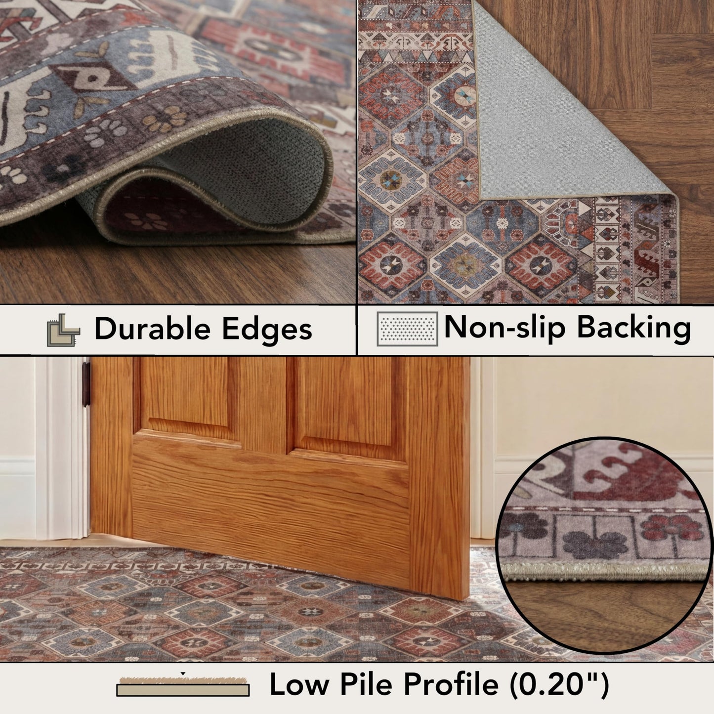 Kuden 6x9 Area Rug, Machine Washable Area Rug with Non-Slip Backing, Vintage Style, Soft, Easy Clean, Low Pile Rug for Living Room, Bedroom, Dining Room