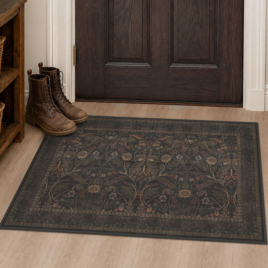 Dark Brown 2x3 Washable Entry Rug, Throw Small Rugs for Entryway Kitchen Bathroom Indoor Door Mat, Farmhouse Floral & Botanical Door Mats, Low Pile Soft Stain Resistant Carpet