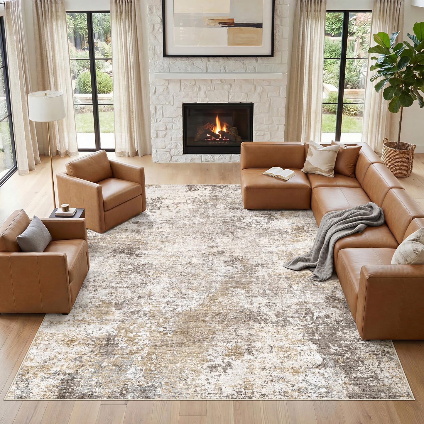 Nakagishi 10X14 Area Rugs for Living Room: Washable Modern Abstract Rug with Non-Slip Silicone Backing Low Pile Soft Carpet for Bedroom & Dining Decor Ideal for Families with Kids and Pets-Brown
