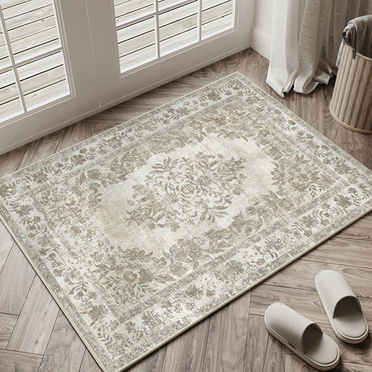 PureCozy 2x3 Area Rug Beige Washable Entryway Door Mat Indoor Vintage Medallion Floral Carpet Kitchen Bathroom Distressed Entrance Retro Small Non Slip Accent Throw Bedroom Office Dining Living Room