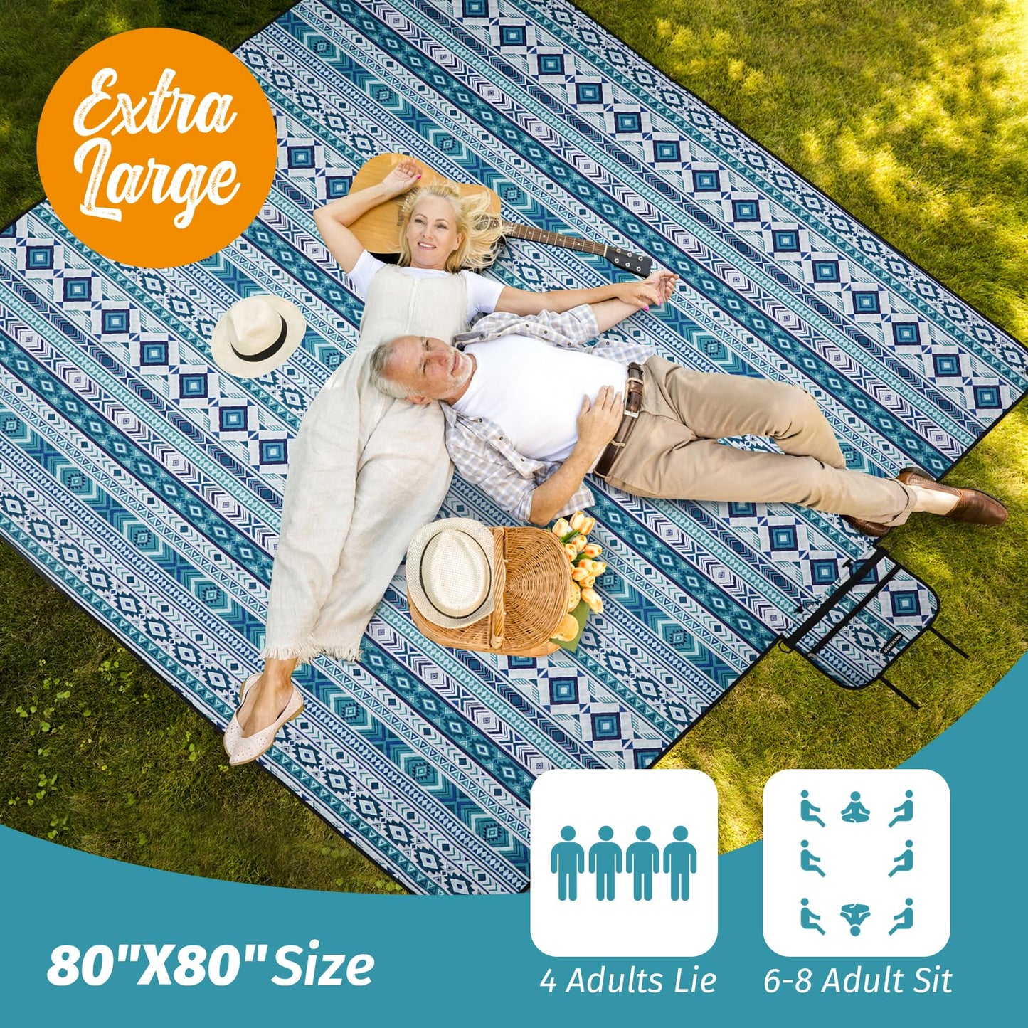 Picnic Blankets Extra Large Outdoor - Beach Blanket Waterproof Sandproof with Shoulder Strap, Machine Washable, Picnic Mat with Stakes for Grass Concert, Park, Lawn,Travel, Spring Summer. Blue