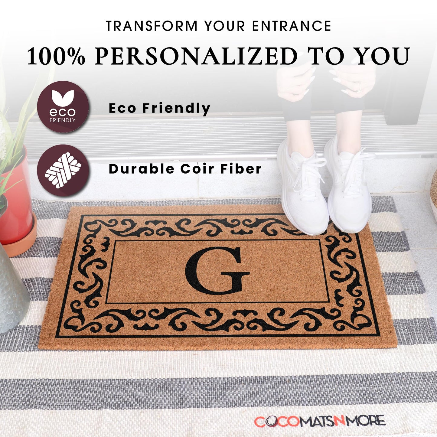 COCO MATS 'N MORE Personalized Coco Coir Front Door Mat – Monogrammed Welcome Porch Mat for Home Entrance, Heavy-Duty Vinyl Backing Non Slip Mat (16" X 24" | Black | Rolling Scrolls | Made in USA)