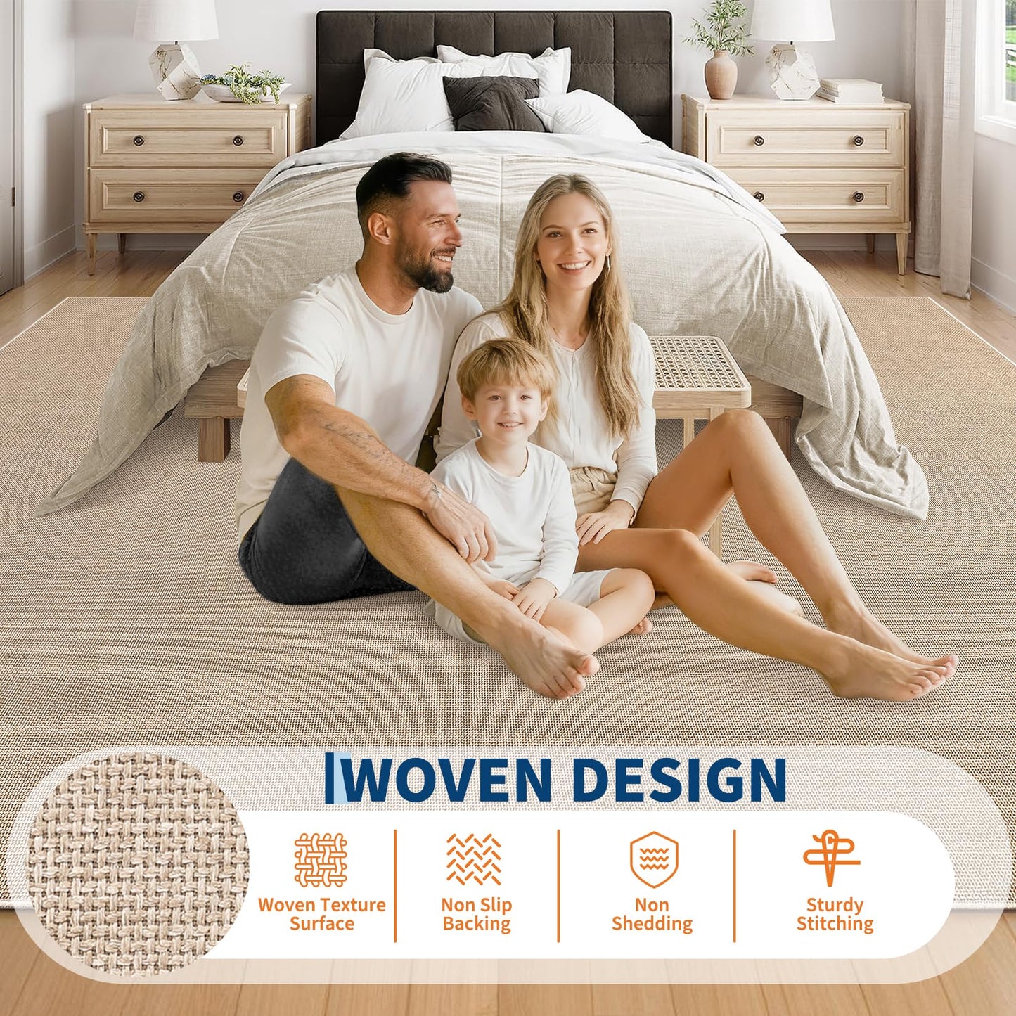 Garvee Modern Solid Washable Rug 8x10 Area Rug for Living Room Woven Textured Ultra-Thin Mat Non Slip Non-Shedding Indoor Floor Cover Foldable Farmhouse Carpet for Bedroom Office Dining Room Tan