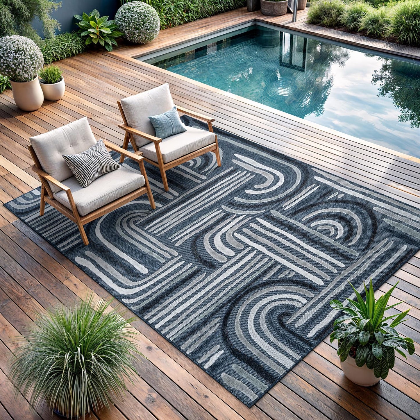 CAMILSON Indoor Outdoor Rug, Navy Blue 8x10 Geometric Arch Striped Area Rugs for Patio and Home Areas, Easy-Cleaning Non-Shedding Living Room, Garden and Deck Washable Outside Carpet (8 x 10)