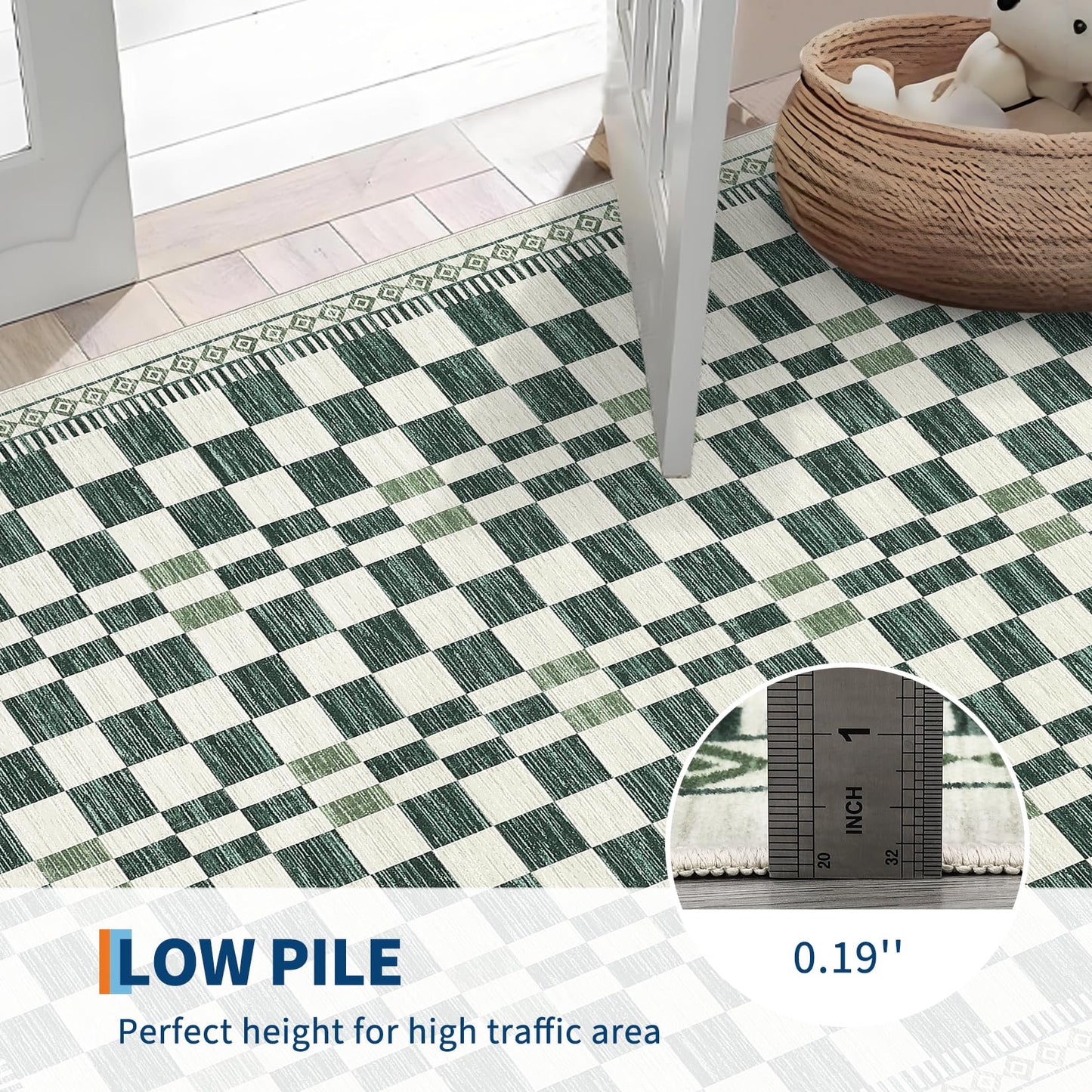 GarveeHome 5x7 Washable Rug for Living Room Contemporary Sage Green Geometric Floor Carpets Low Pile Non-Slip Nursery Room Carpet High Traffic Modern Abstract Checkered Area Rug for Bedroom