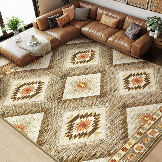 Area Rug 8x10 Rug Machine Washable Non-Slip Low Pile Print Pattern Western Rug for Living Room Bedroom Entryway Tribal Series -Cream/Camel