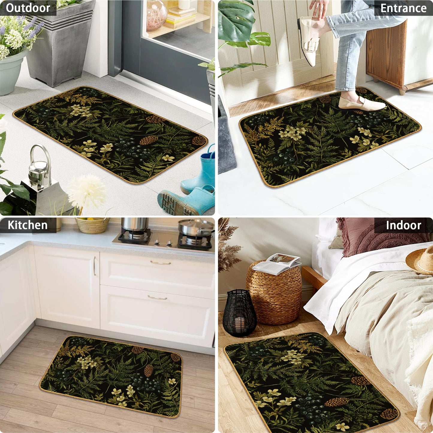 Dark Green Herb Plants Indoor Outdoor Door Mat,Wildflowers Front Floor Mat Non-Slip Absorbent Low-Profile Washable Inside Entrance,Linen Sturdy Soft Entry Doormat for Entryway